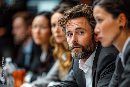 Business team attentively listening at a corporate event Generative AI image photo