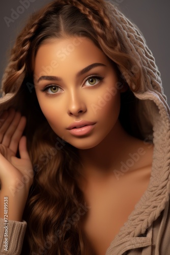 Cozy Comfort: Young Woman in Hooded Cardigan