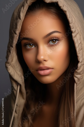 Cozy Comfort: Young Woman in Hooded Cardigan