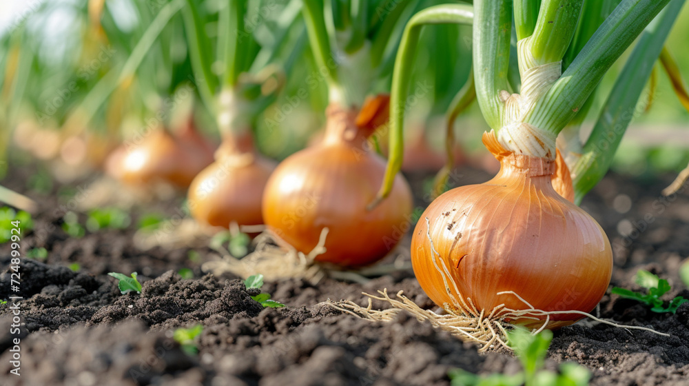 Close up of growing onions in a field Fresh onion plants in focus Close up of growing onions in a field Fresh onion plants in focus