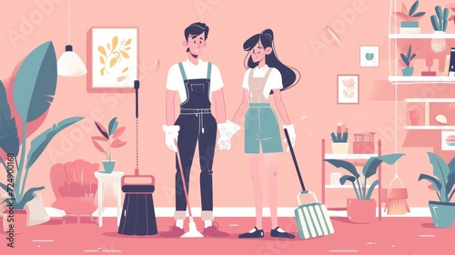 Couple Ready for Spring Cleaning in Stylish Home, illustration of a couple in overalls holding cleaning tools, surrounded by indoor plants in a chic pink room