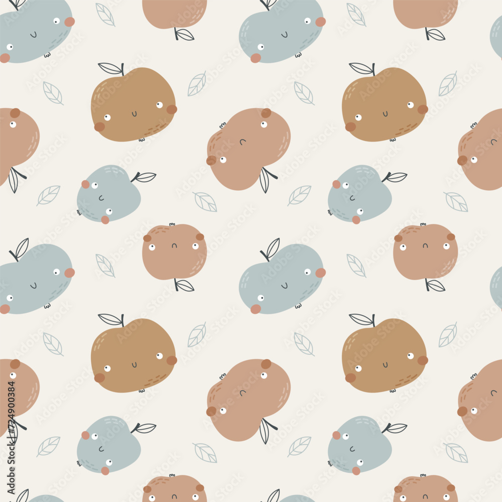Fototapeta premium Childish vector seamless pattern with cute hand drawn cartoon apples limited to a gender neutral palette.