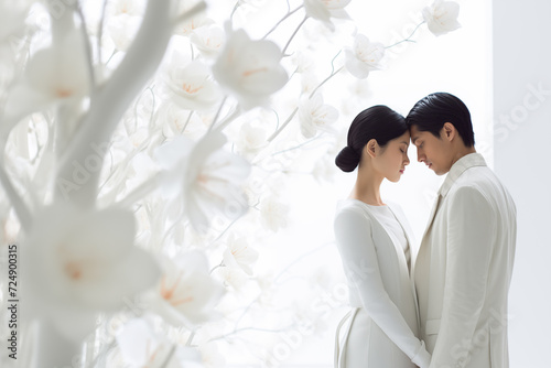 Celebrating White day. Young Asian couple in lovel Flowers and gifts photo