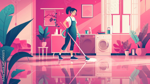 Illustration of a woman mopping the floor in a cozy, sunlit kitchen with plants and cooking pot © petrrgoskov