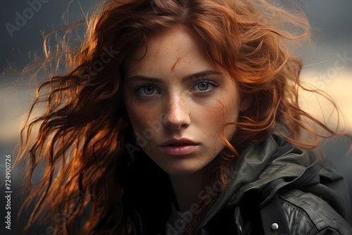 Powerful and intense portrait of a model against a backdrop of stormy, dramatic clouds