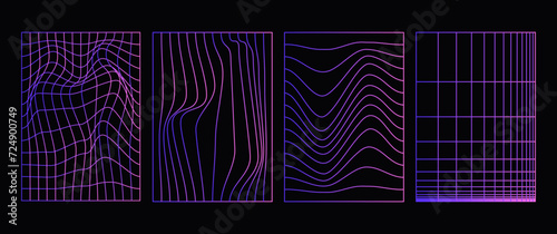 Set of distorted vertical grid. Y2K retrowave shapes. Mesh and gradient effects. Isolated dark background. 