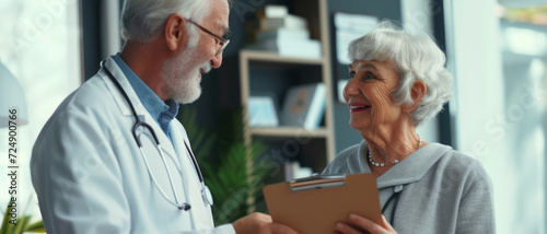 Elderly woman shares a joyful moment with her doctor during a consultation