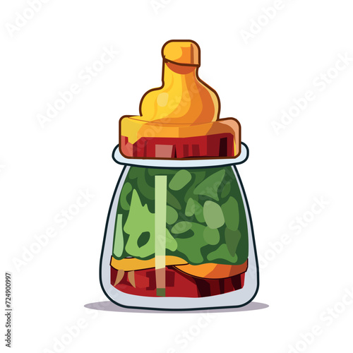 Artichelen sauce of colorful set. This captivating illustration feature a jar of chili sauce, blending artistic design with a whimsical cartoon aesthetic on a white background. Vector illustration.