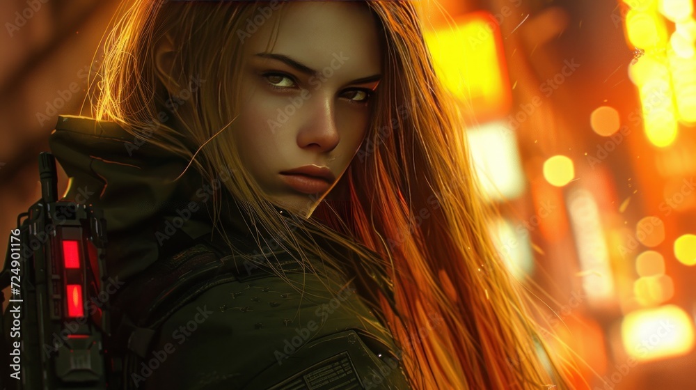 Long haired female cyberpunk soldier, future character concept AI generated image Long haired female cyberpunk soldier, future character concept AI generated image