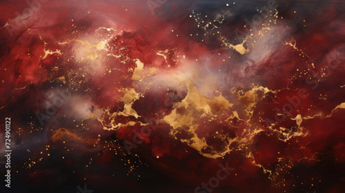 Abstract burgundy red and black background with golden splashes as wallpaper illustration #724901122