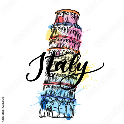 Travel to Italy poster, greeting card, print. Vector sketch watercolor illustration of Italian Leaning Tower of Pisa