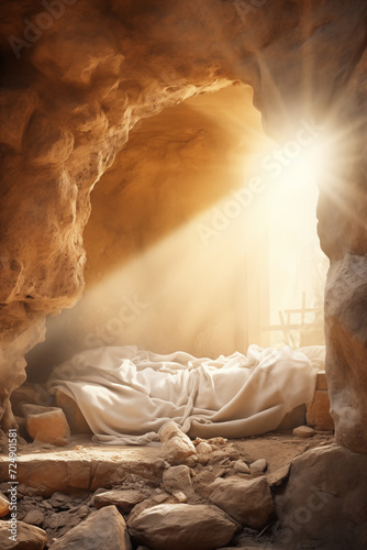 Jesus Christ Resurrection, Christian Easter Background. Empty tomb, resurrection Sunday.