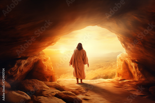 Jesus Christ Resurrection, Christian Easter Background. Empty tomb, resurrection Sunday.