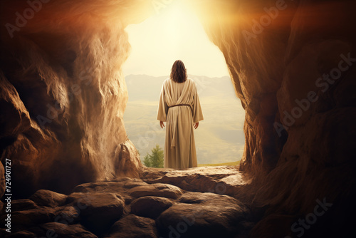 Jesus Christ Resurrection, Christian Easter Background. Empty tomb, resurrection Sunday.
