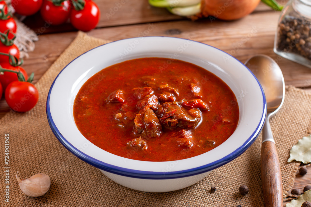 Goulash or Gulasch is a soup or stew of meat and vegetables seasoned with paprika and other spices. Perfect for recipe, article, menu book, or any cooking contents. Goulash or Gulasch is a soup or stew of meat and vegetables seasoned with paprika and other spices. Perfect for recipe, article, menu book, or any cooking contents.