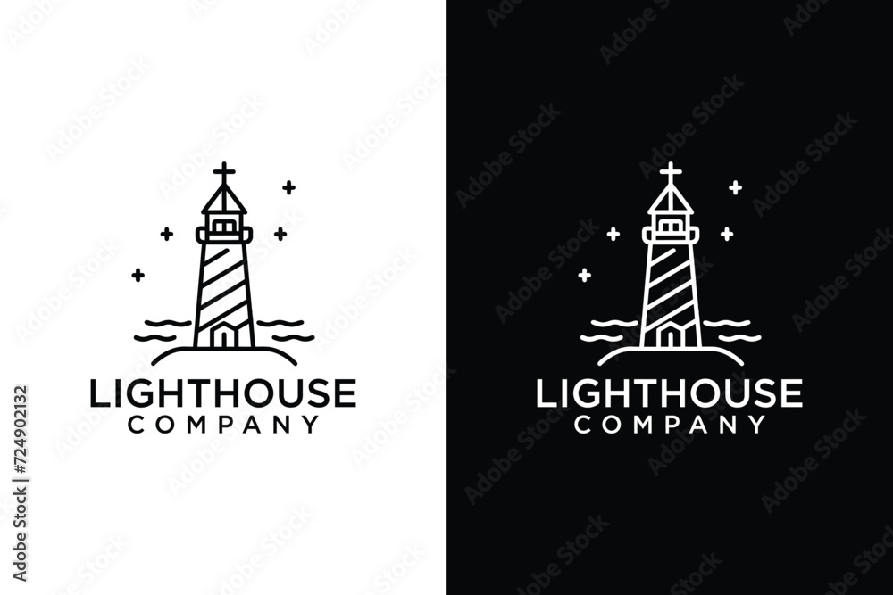 lighthouse logo design template Harbor lighthouse logo. Light beacon symbol. Maritime tower emblem. Vector illustration.