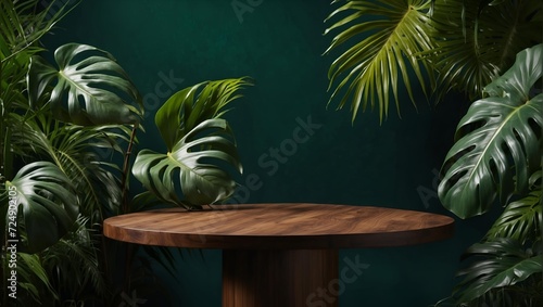 wooden product display podium in green leaves background