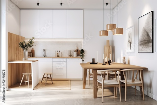 Detailed shot of a white kitchen with a wooden and white bar stand  a dining table and gray chairs  small windows  and a large framed poster on the wall. a mockup