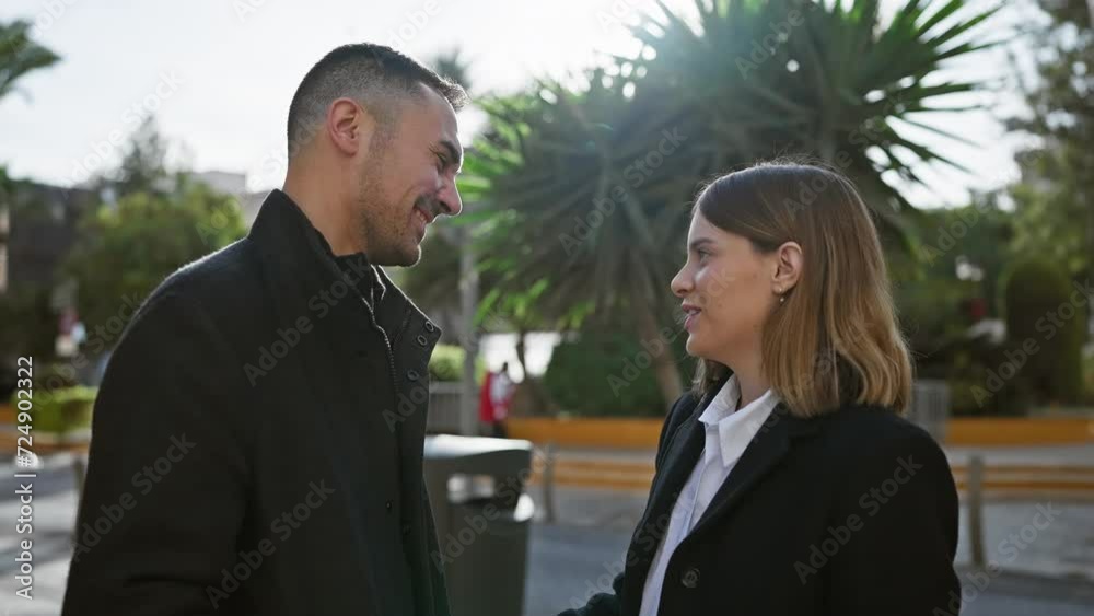 A couple engages in a tender conversation on a sunny city street, reflecting love, companionship, and urban life. A couple engages in a tender conversation on a sunny city street, reflecting love, companionship, and urban life.