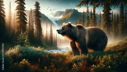 Brown Bear Overlooking a Misty Mountain Forest