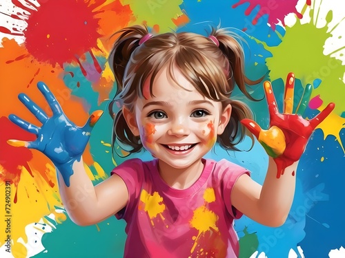 Cheerful little girl with hands covered in bright colorful paints smiling on creative messy background. Oil Painting. Generative AI