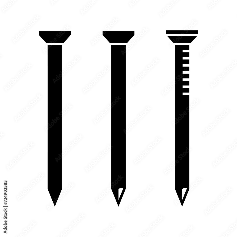 Set of nail (pin, hardware) icons. Symbol for fastening parts or repair. Fasteners for construction.