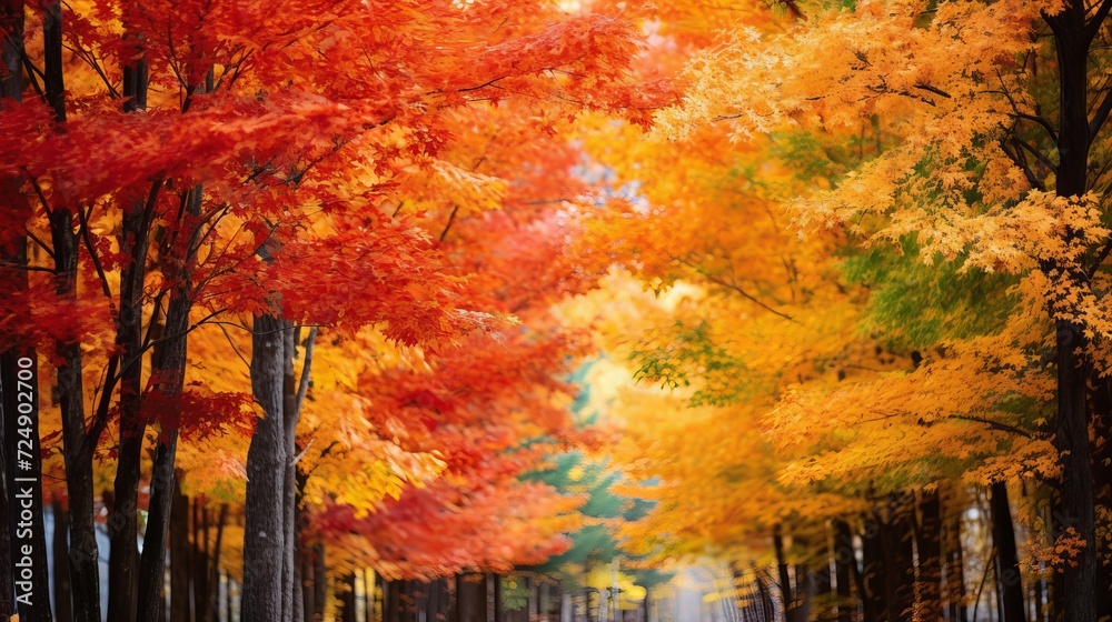 Bright multiple fall colors. orange, green, red and bright yellow. scenic multi-colored woods
