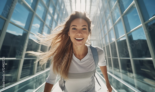 Portrait of cheerfull Smiling caucasian young female with fancy hairstyle in white clothes with city backpack on modern building downtown street. University, education, young teen people concept image photo