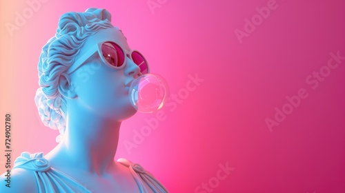 Cool ancient Greek or Roman white statue of woman wearing sunglasses and making chewing bubble on neon background with a free place for text. Contemporary art and fashion photo