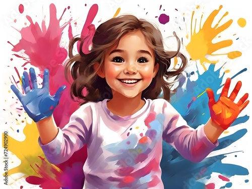 Cheerful little girl with hands covered in bright colorful paints smiling on creative messy background. Oil Painting. Generative AI