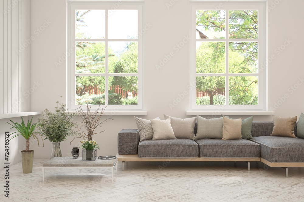 White living room with sofa and summer landscape in window. Scandinavian interior design. 3D illustration White living room with sofa and summer landscape in window. Scandinavian interior design. 3D illustration