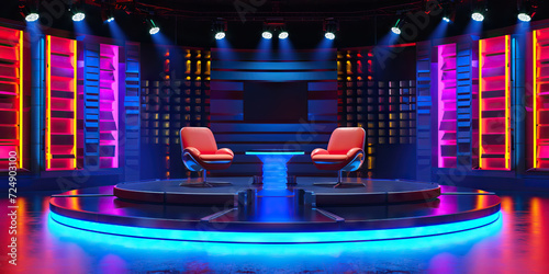 Stage Set for Showbiz: An Empty Game Show Talk Show Set with Stage Lights, Chairs, and a Table, Evoking the Atmosphere of Television Production, Studio Ambiance, and Entertainment Setup photo