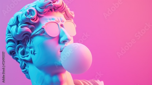 Cool ancient Greek or Roman white statue of man wearing sunglasses and making chewing bubble on neon background with a free place for text. Contemporary art and fashion. photo