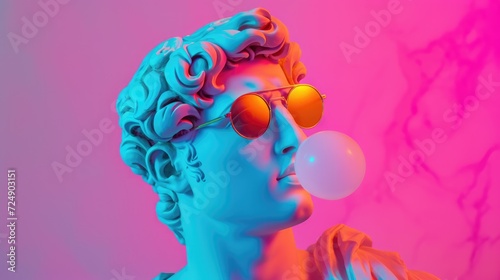Fototapeta Cool ancient Greek or Roman white statue of man wearing sunglasses and making chewing bubble on neon background with a free place for text. Contemporary art and fashion.