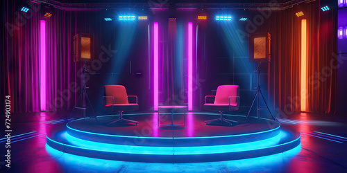 Stage Set for Showbiz: An Empty Game Show Talk Show Set with Stage Lights, Chairs, and a Table, Evoking the Atmosphere of Television Production, Studio Ambiance, and Entertainment Setup photo