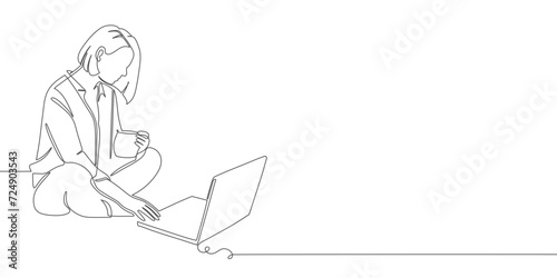 continuous one line drawing of professional young business woman using computer work and writing work plan on personal notebook