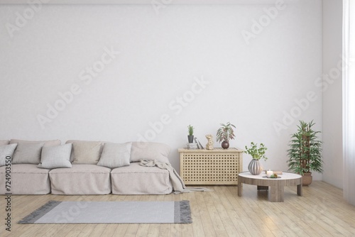 Fototapeta Naklejka Na Ścianę i Meble -  Modern minimalist interior with sofa on empty white color wall background. Interior mockup. Scandinavian interior design. 3D illustration
