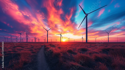 Sustainable energy wind farm with turbines standing tall under a dramatic and colorful sunset sky, symbolizing hope and innovation. Wind Turbines Against Vibrant Sunset Sky
 photo