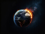 Earth in space as a fireball. Black background