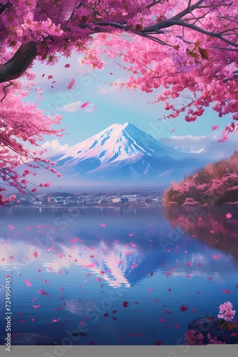 art of fuji mountains in japan, sakura pink leaves in nature generated ai