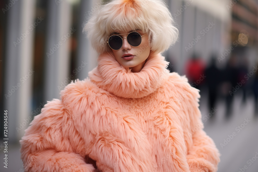 Fashionable young woman in pink fur coat and sunglasses on the street Fashionable young woman in pink fur coat and sunglasses on the street