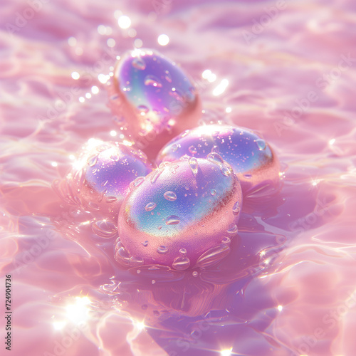 Sweet pink irridescent easter eggs in glistening shallow water with pink hues and sunlight - Generative AI photo