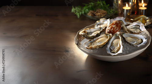 Fresh oysters with lemon spices, beautiful presentation, very healthy. Restaurant. Homemade food. photo