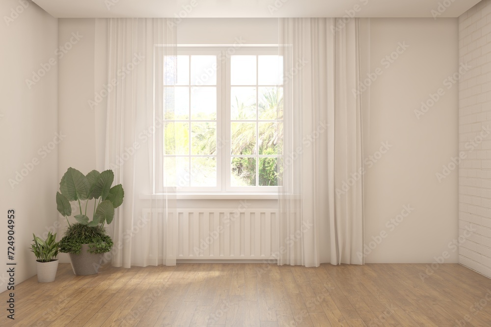 Fototapeta premium White empty room with summer landscape in window. Scandinavian interior design. 3D illustration