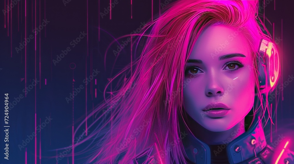 Character gaze of young woman cyber with pink hair AI generated image