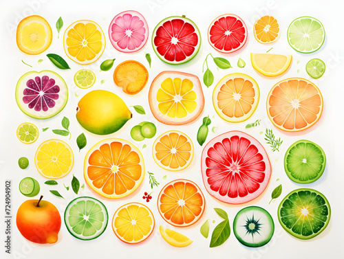 An illustration of many different fruits of citrus