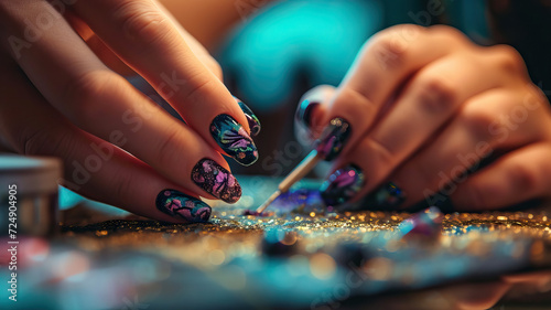 Manicurist Creating Colorful Nail Art with Precision photo