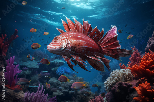 Red Lionfish Pterois volitans swimming in the sea. Hyper realistic illustration photo