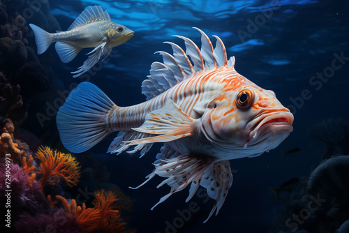 Lionfish swimming in the blue water. Underwater world. Hyper realistic illustration © Татьяна Евдокимова