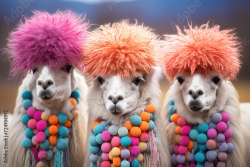 Three llamas with vibrant, dyed hair and pom poms hanging from their ears, standing in a row. photo